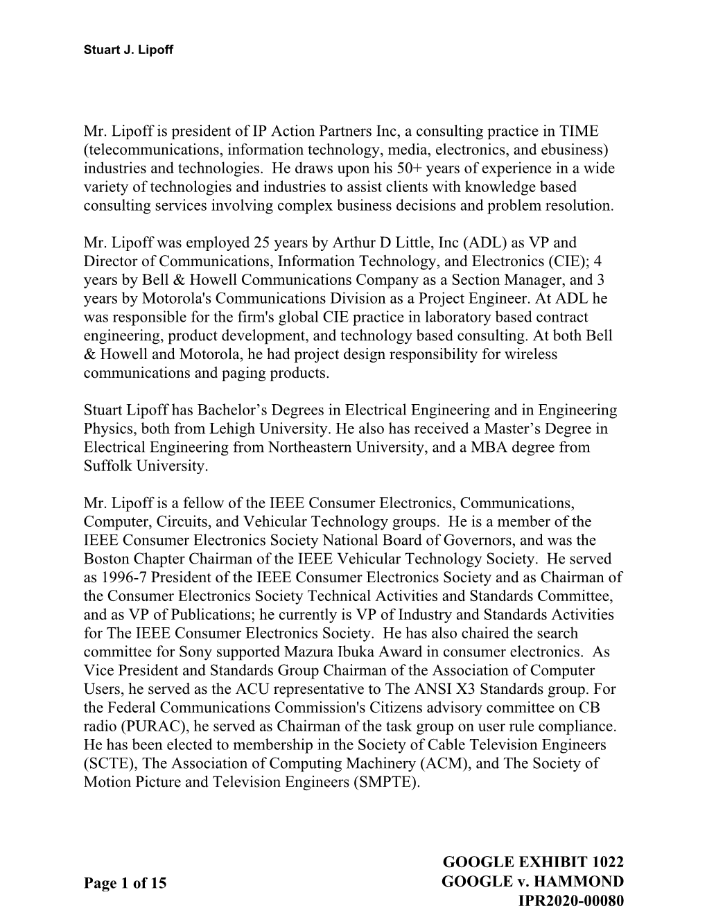 Of 15 GOOGLE EXHIBIT 1022 GOOGLE V. HAMMOND IPR2020-00080