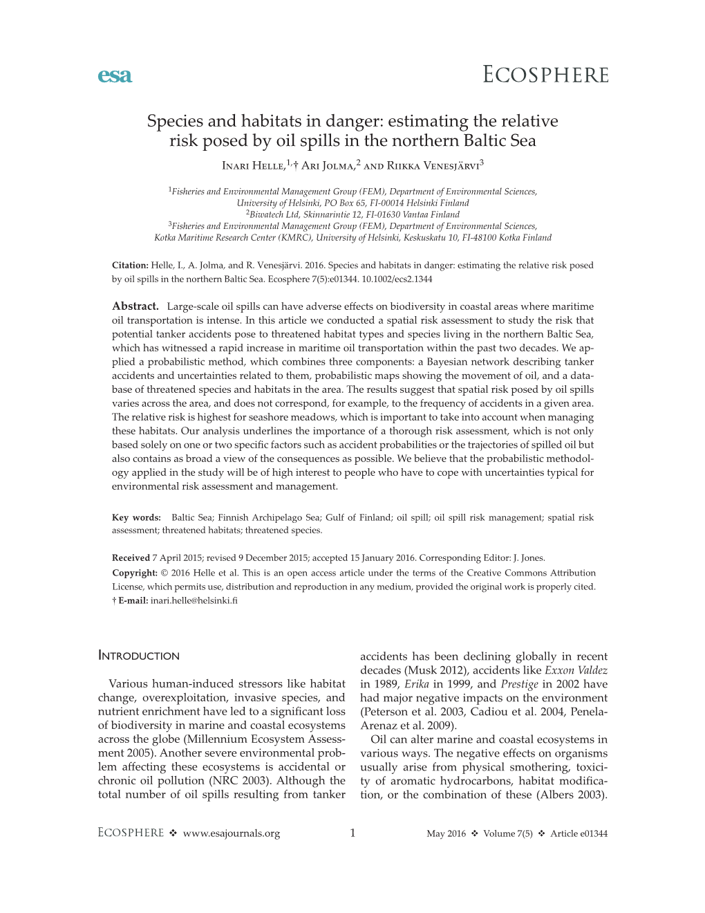 Estimating the Relative Risk Posed by Oil Spills in the Northern Baltic Sea I ���� H ���� , 1,† a �� J ���� , 2 ��� R ����� V ���������3