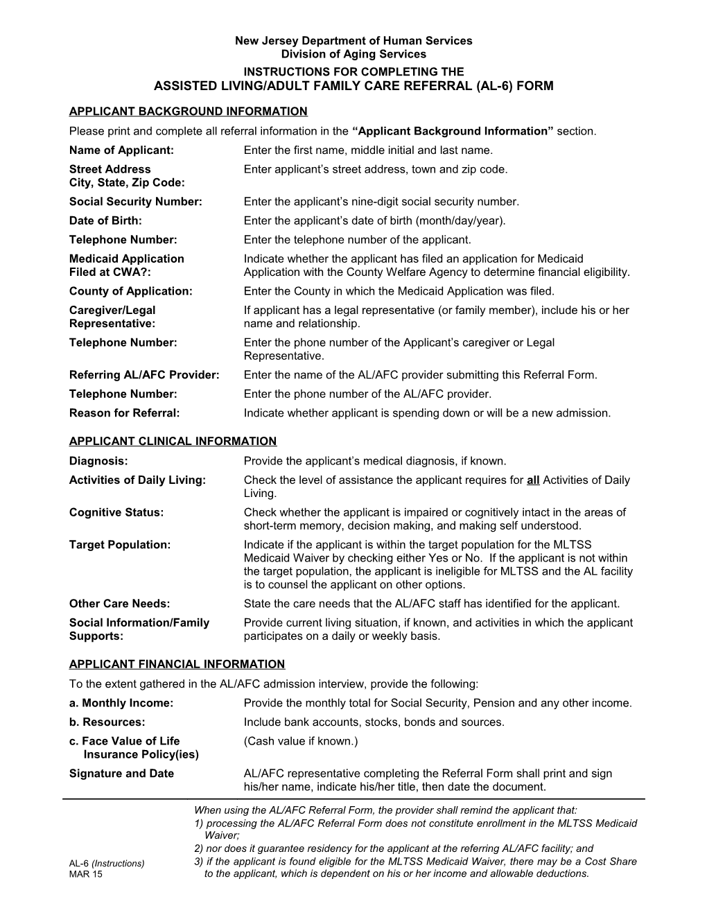 AL-6, Instructions For Completing The Assisted Living / Adult Family Care Referral Form