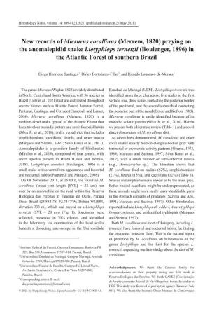 New Records of Micrurus Corallinus (Merrem, 1820) Preying on the Anomalepidid Snake Liotyphlops Ternetzii (Boulenger, 1896) in the Atlantic Forest of Southern Brazil