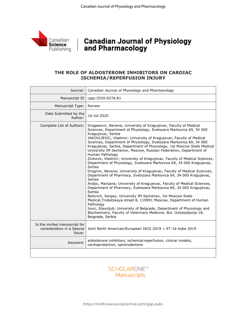 The Role of Aldosterone Inhibitors on Cardiac Ischemia/Reperfusion Injury