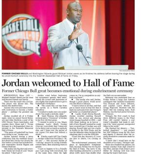 Jordan Welcomed to Hall of Fame Former Chicago Bull Great Becomes Emotional During Enshrinement Ceremony SPRINGFIELD, Mass