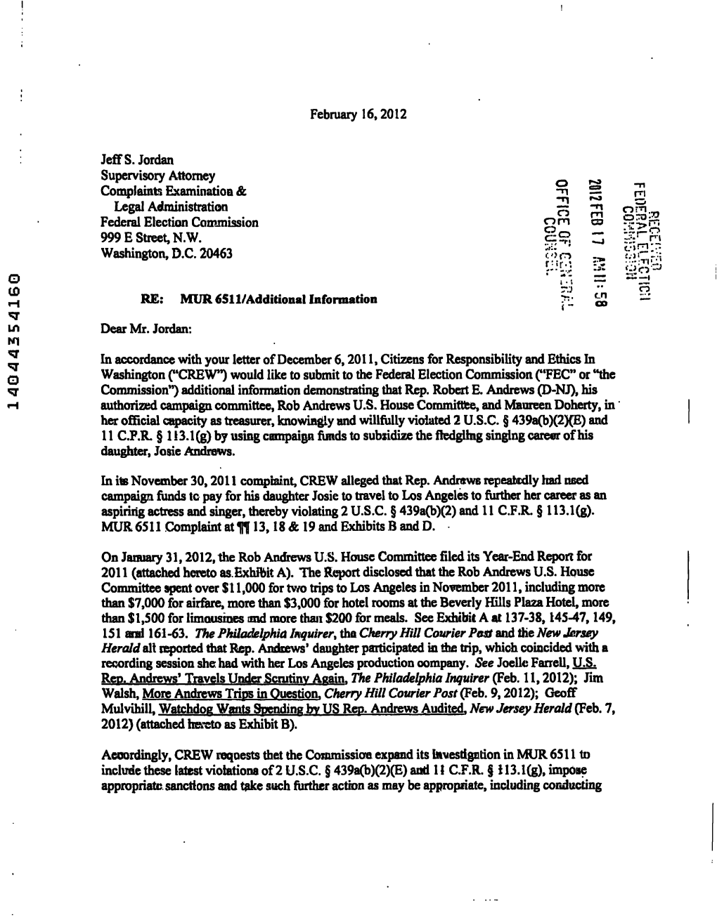 February 16,2012 Jeffs. Jordan Supervisory Attomey Complaints