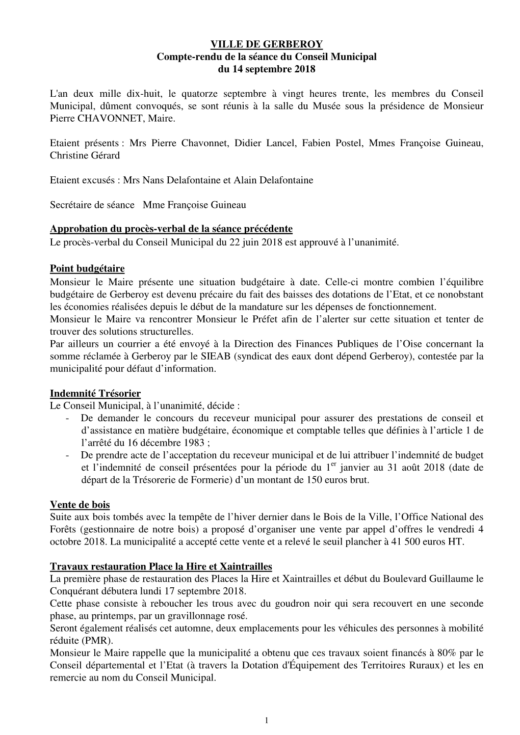 VILLE DE GERBEROY Compte-Rendu De La Séance Du Conseil Municipal Du 14 Septembre 2018