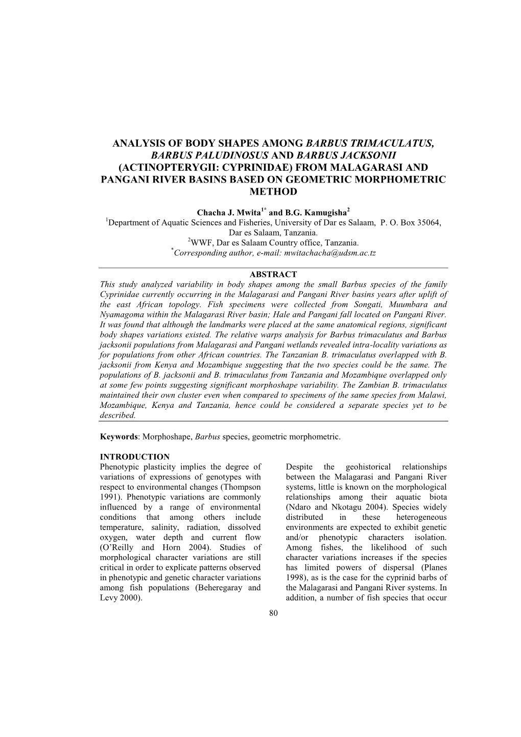 Analysis of Body Shapes Among Barbus Trimaculatus