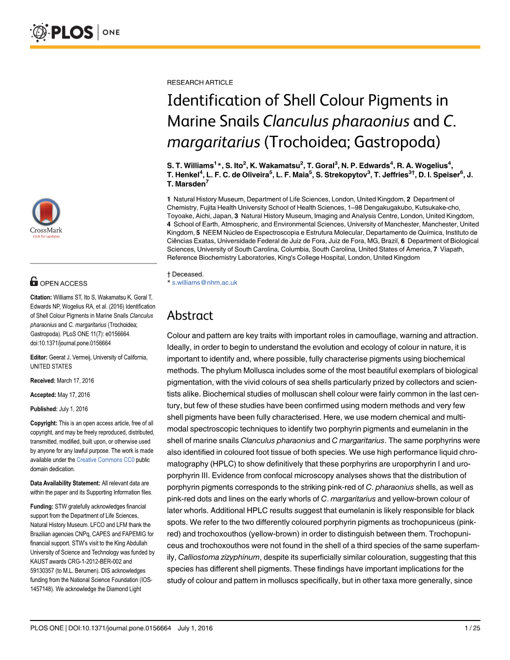 Identification of Shell Colour Pigments in Marine Snails Clanculus Pharaonius and C