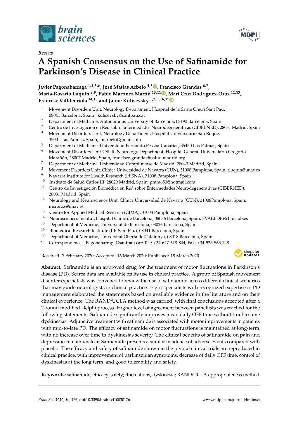 A Spanish Consensus on the Use of Safinamide for Parkinson's Disease in Clinical Practice