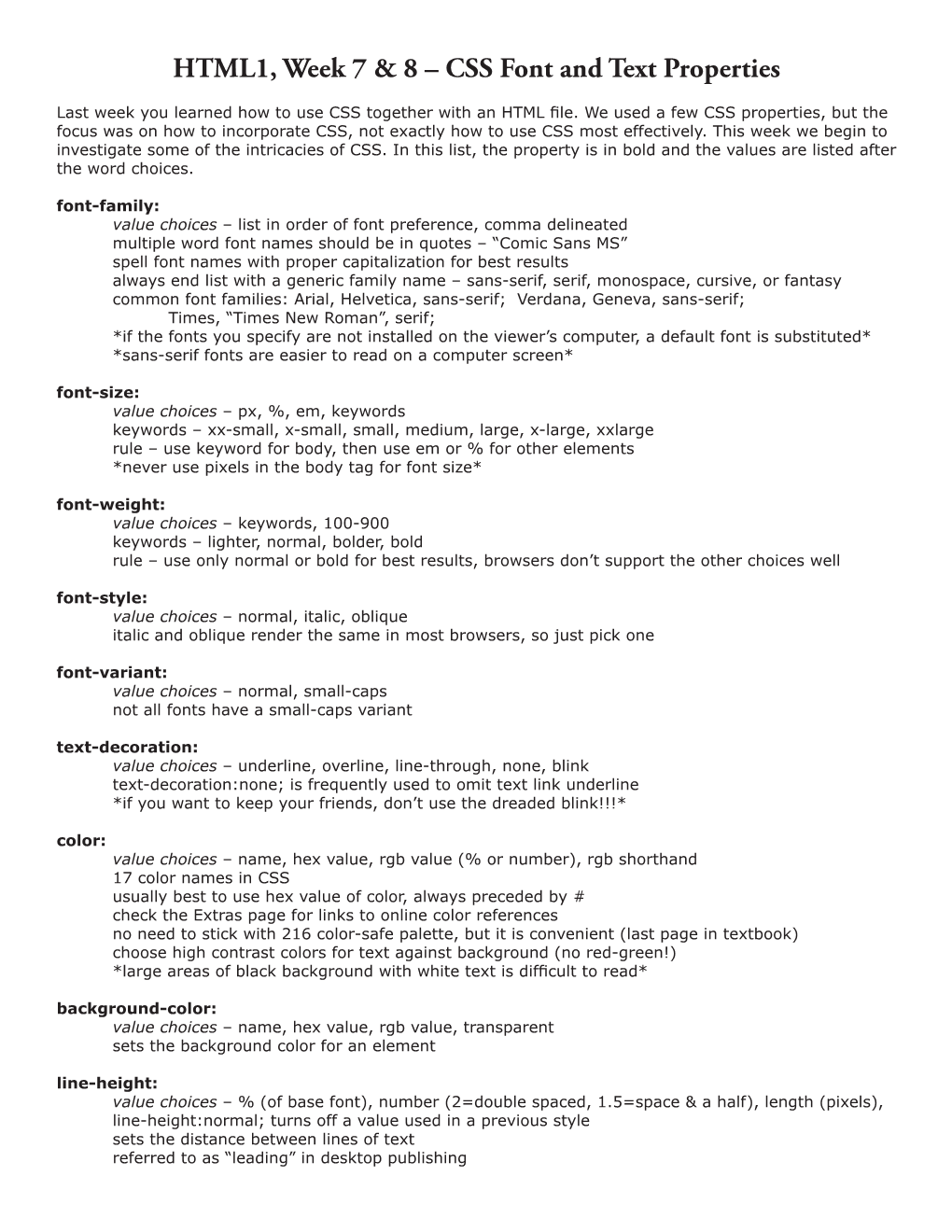 HTML1, Week 7 & 8 – CSS Font and Text Properties