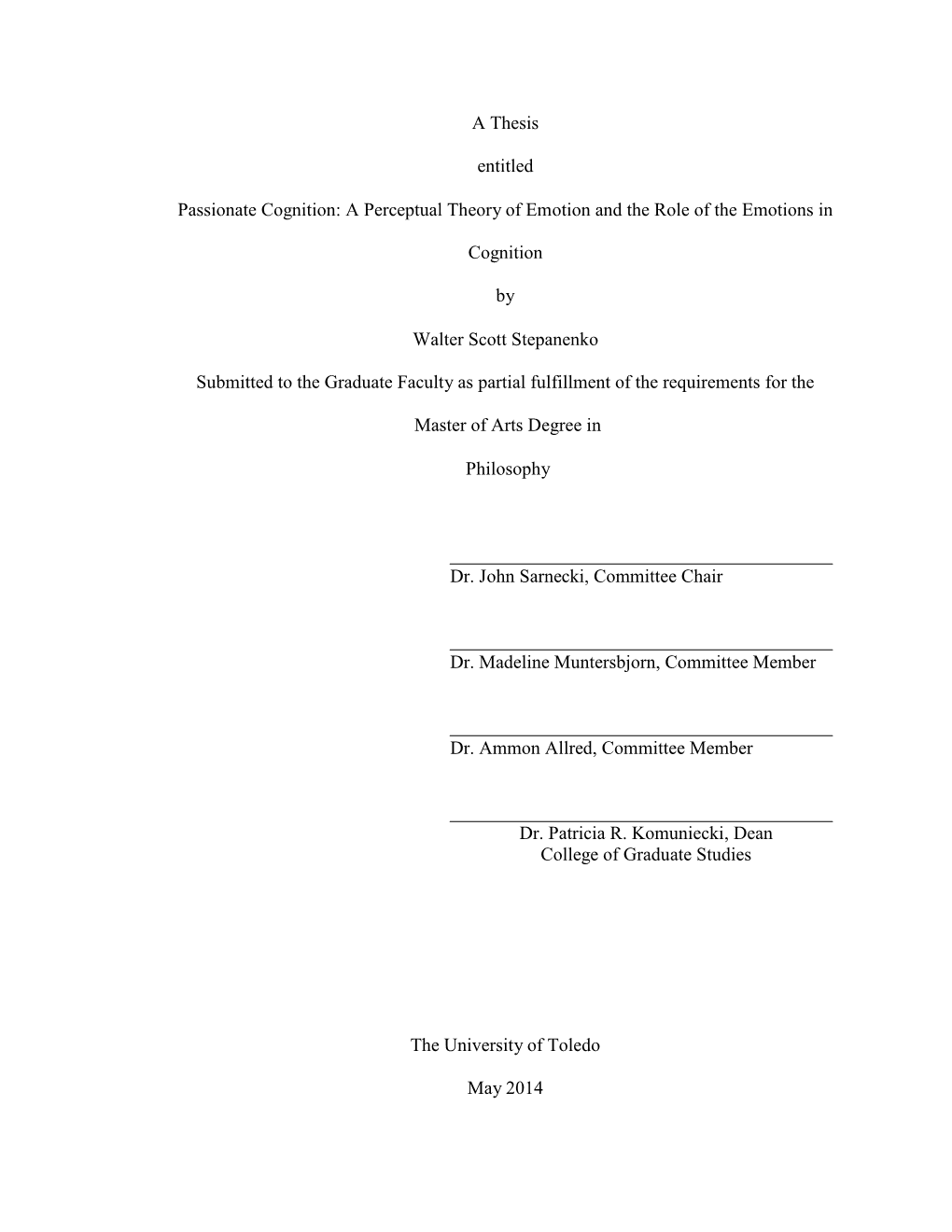 A Perceptual Theory of Emotion and the Role of the Emotions in Cognition by Walter Scott