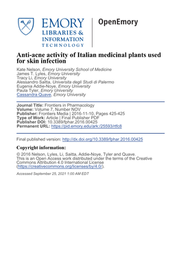 Anti-Acne Activity of Italian Medicinal Plants Used for Skin Infection Kate Nelson, Emory University School of Medicine James T