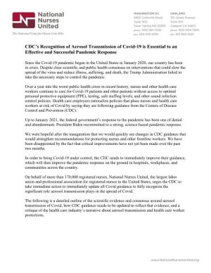 CDC's Recognition of Aerosol Transmission of Covid-19 Is