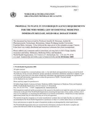 Proposal to Waive in Vivo Bioequivalence Requirements for the Who Model List of Essential Medicines Immediate Release, Solid Oral Dosage Forms