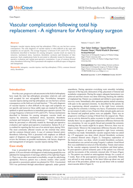 Vascular Complication Following Total Hip Replacement - a Nightmare for Arthroplasty Surgeon