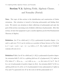 Section V.3. Splitting Fields, Algebraic Closure, and Normality (Partial)