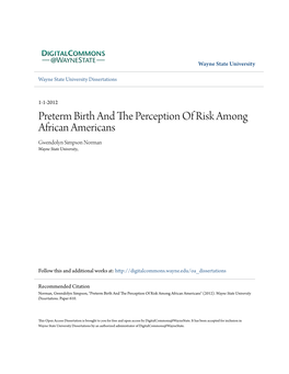 Preterm Birth and the Perception of Risk Among African Americans