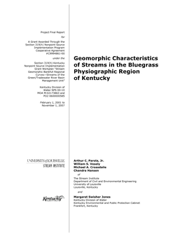 Geomorphic Characteristics of Streams in the Bluegrass Physiographic Region of Kentucky
