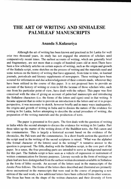 THE ART of WRITING and Sinlialese PALMLEAF L\:IANUSCRIPTS