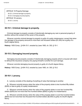 30-15-1. Criminal Damage to Property. 30-15-3. Damaging Insured Property