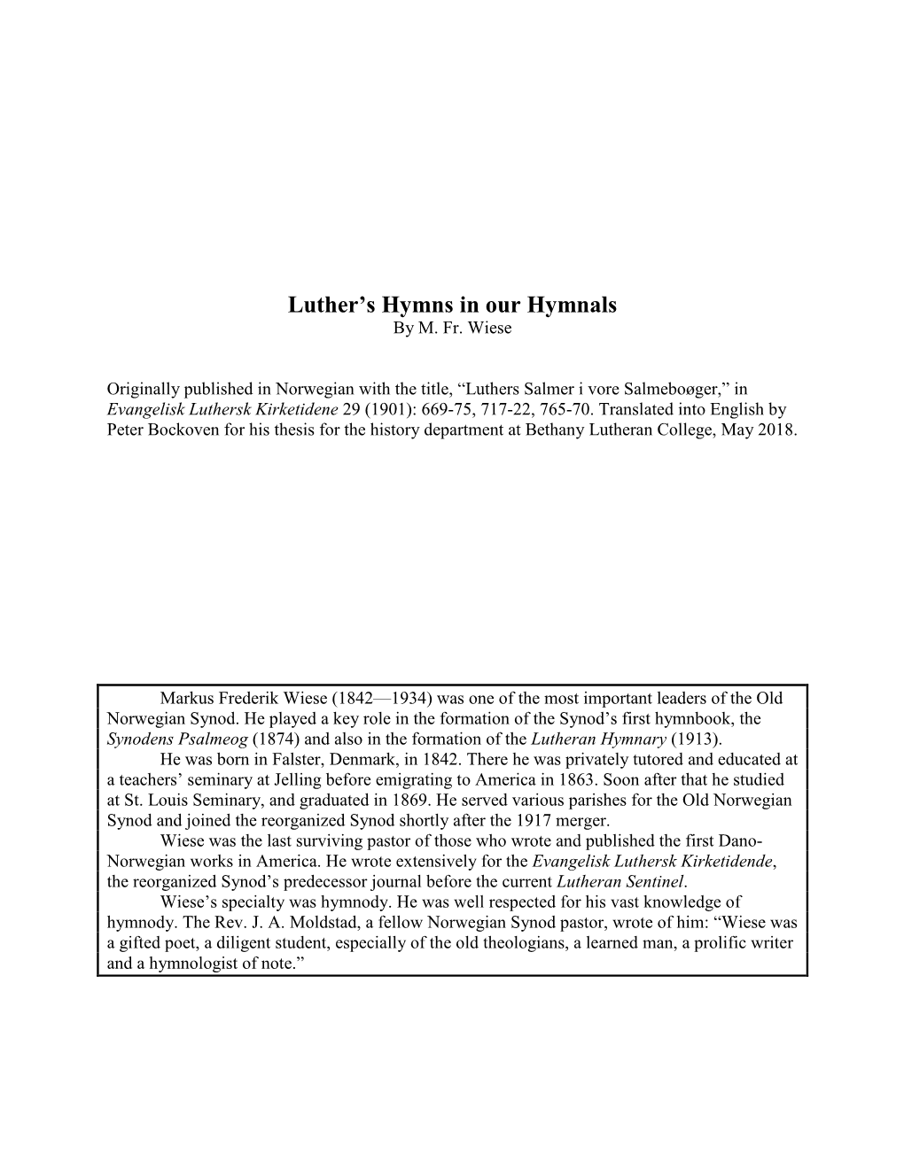 Luther's Hymns in Our Hymnals