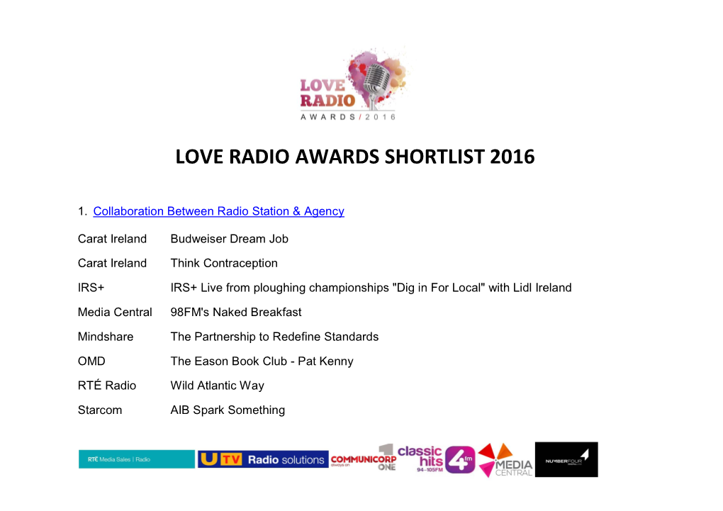 Love Radio Awards Shortlist 2016