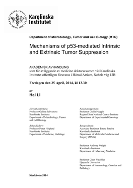 Mechanisms of P53-Mediated Intrinsic and Extrinsic Tumor Suppression