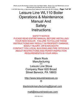 Leisure Line WL110 Boiler Operations & Maintenance Manual and Safety