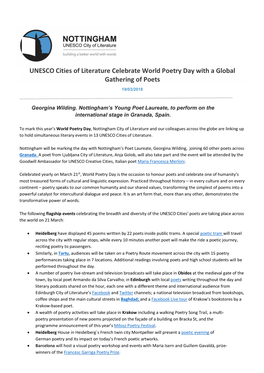 UNESCO Cities of Literature Celebrate World Poetry Day with a Global Gathering of Poets 19/03/2018