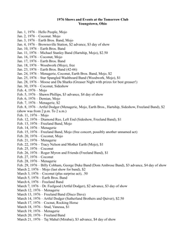 1976 Shows and Events at the Tomorrow Club Youngstown, Ohio