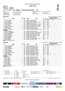 Round of 16 Start List France - Spain # 40 17 OCT 2017 17:00 Guwahati / Indira Gandhi Athletic Stadium / IND