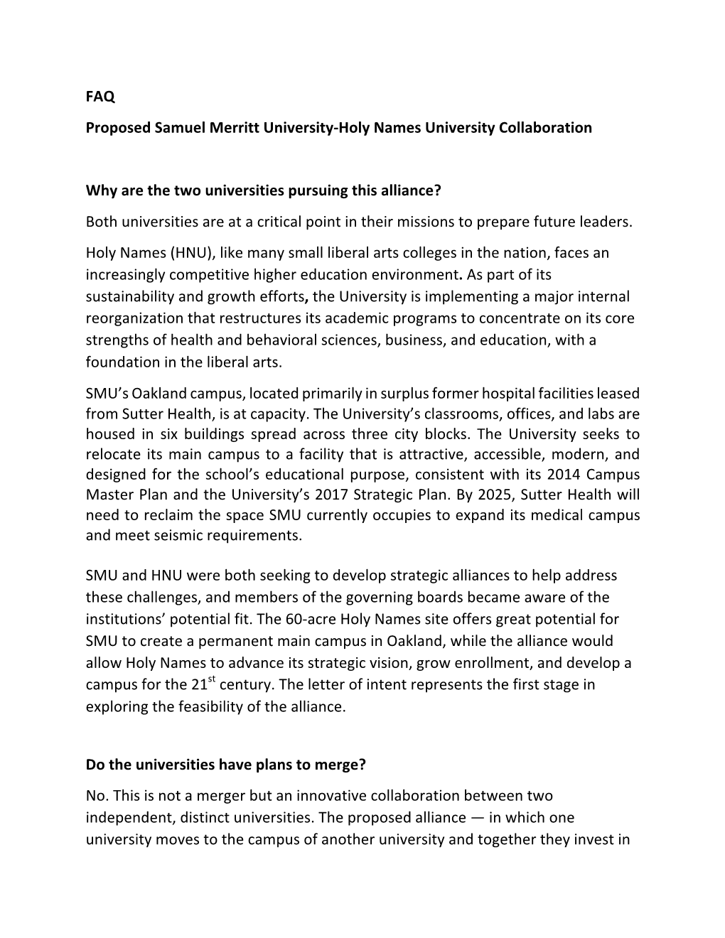 FAQ Proposed Samuel Merritt University-Holy Names University Collaboration