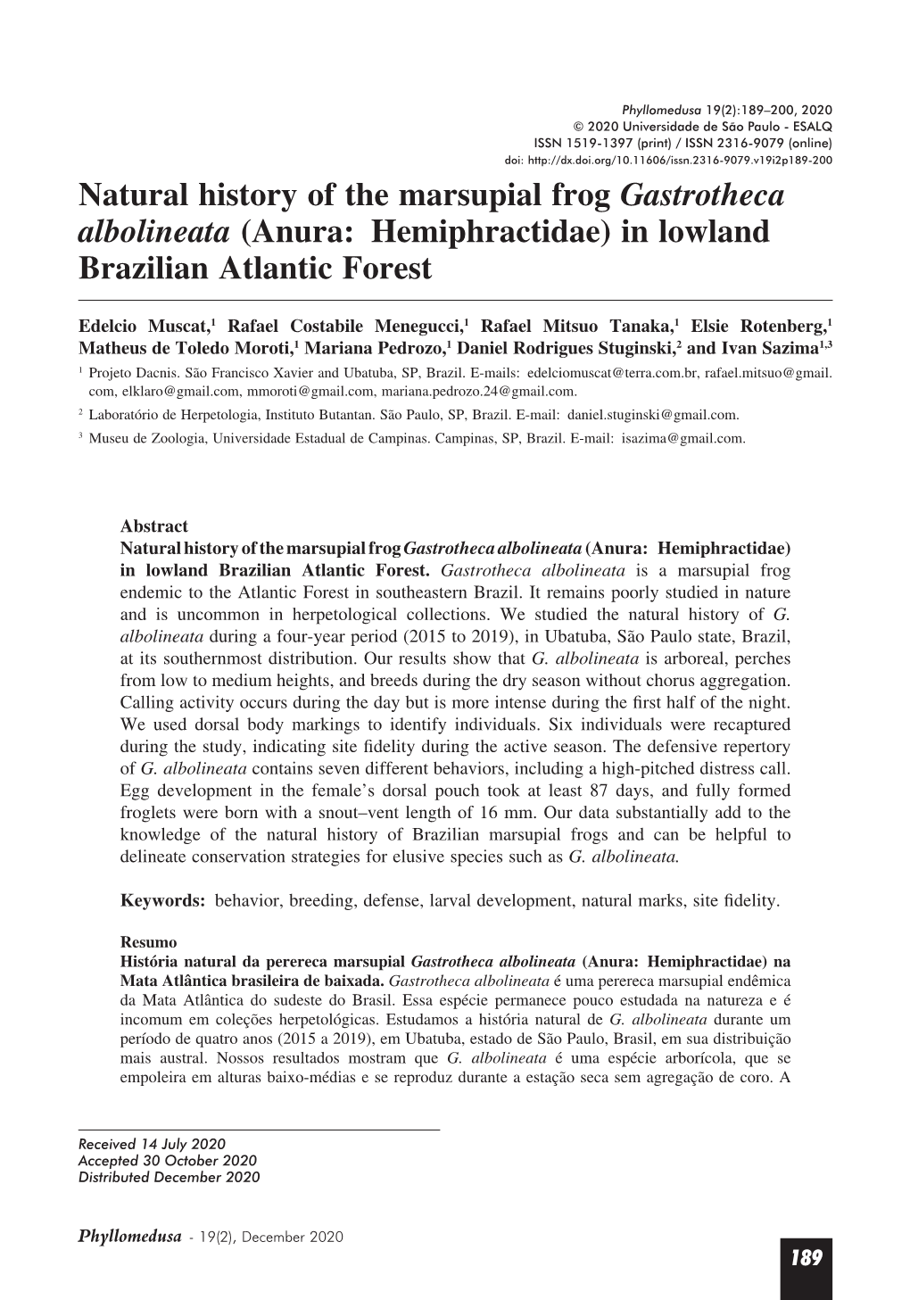 Natural History of the Marsupial Frog Gastrotheca Albolineata (Anura: Hemiphractidae) in Lowland Brazilian Atlantic Forest