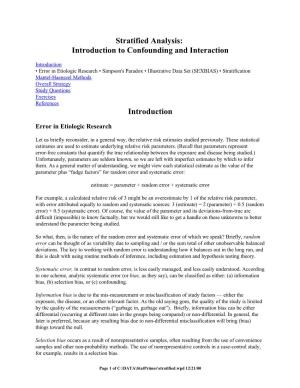 Stratified Analysis: Introduction to Confounding and Interaction Introduction