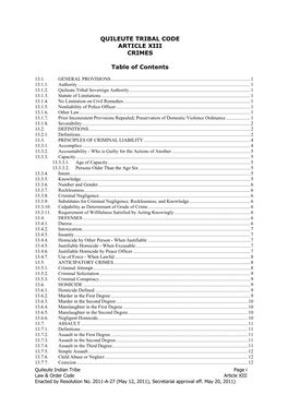 QUILEUTE TRIBAL CODE ARTICLE XIII CRIMES Table of Contents