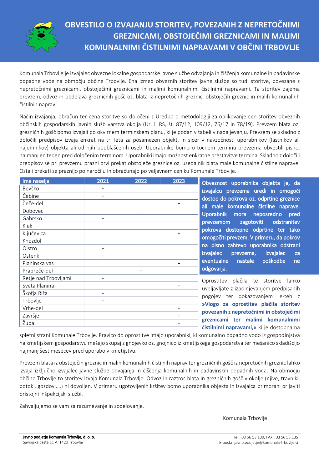 Obvestilo O Izvajanju Storitev, Povezanih Z Nepretočnimi Greznicami, Obstoječimi Greznicami in Malimi Komunalnimi Čistilnimi Napravami V Občini Trbovlje