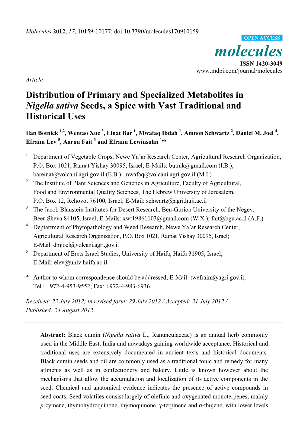 Distribution of Primary and Specialized Metabolites in Nigella Sativa Seeds, a Spice with Vast Traditional and Historical Uses