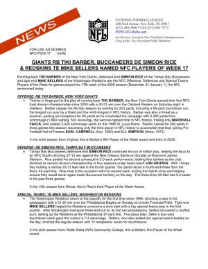 Giants Rb Tiki Barber, Buccaneers De Simeon Rice & Redskins Te Mike Sellers Named Nfc Players of Week 17