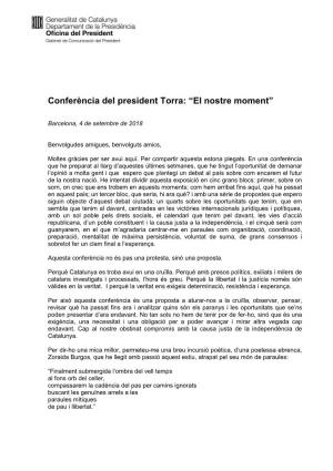 Conferència Del President Torra: “El Nostre Moment”