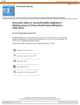 Uncertain Allies Or Uncomfortable Neighbors? Making Sense of China–North Korea Relations, 1949–2010