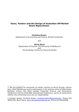 Taxes, Tenders and the Design of Australian Off-Market Share Repurchases*