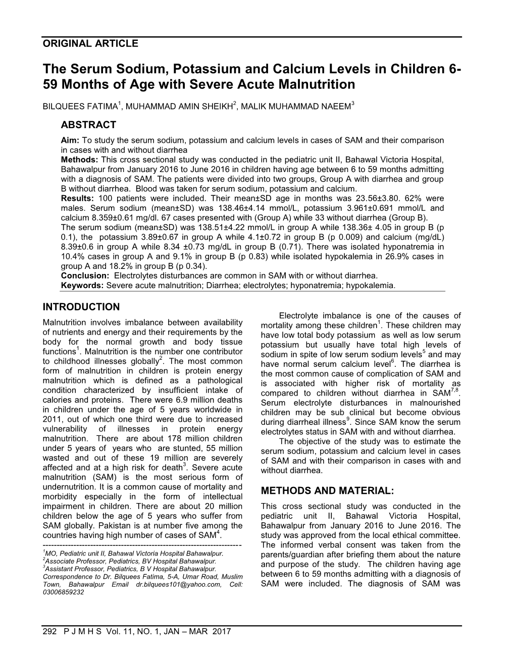 The Serum Sodium, Potassium and Calcium Levels in Children 6- 59 Months of Age with Severe Acute Malnutrition