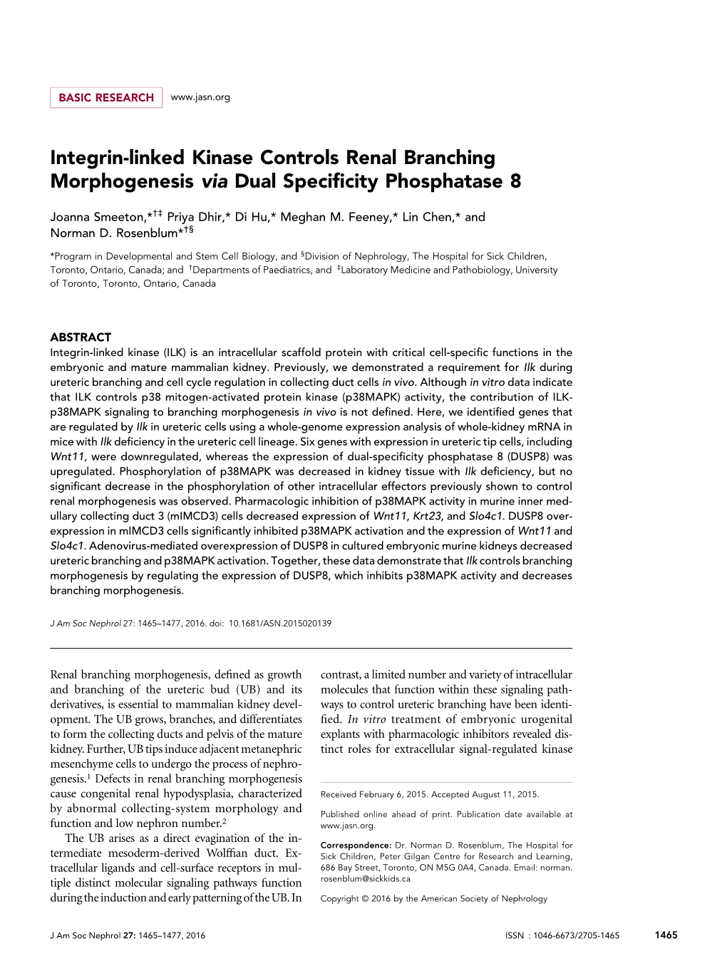 Integrin-Linked Kinase Controls Renal Branching Morphogenesis Via Dual Speciﬁcity Phosphatase 8