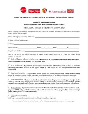 Mattel Commercial Permission Form