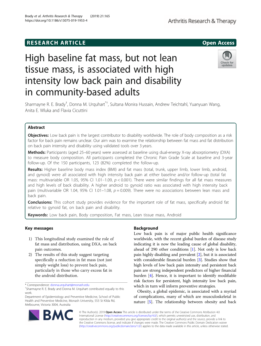 High Baseline Fat Mass, but Not Lean Tissue Mass, Is Associated with High Intensity Low Back Pain and Disability in Community-Based Adults Sharmayne R