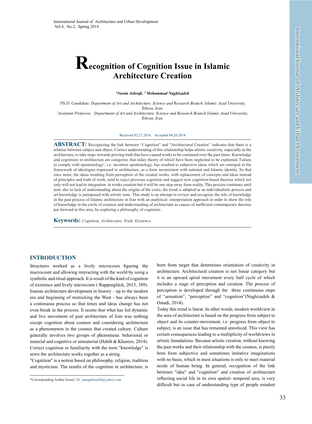 Recognition of Cognition Issue in Islamic Architecture Creation