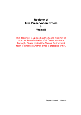 Register of Tree Preservation Orders in Walsall