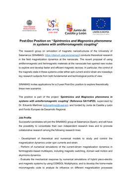 Post-Doc Position on “Spintronics and Magnonics Phenomena in Systems with Antiferromagnetic Coupling”