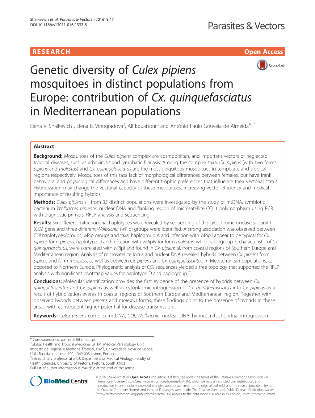 Genetic Diversity of Culex Pipiens Mosquitoes in Distinct Populations from Europe: Contribution of Cx