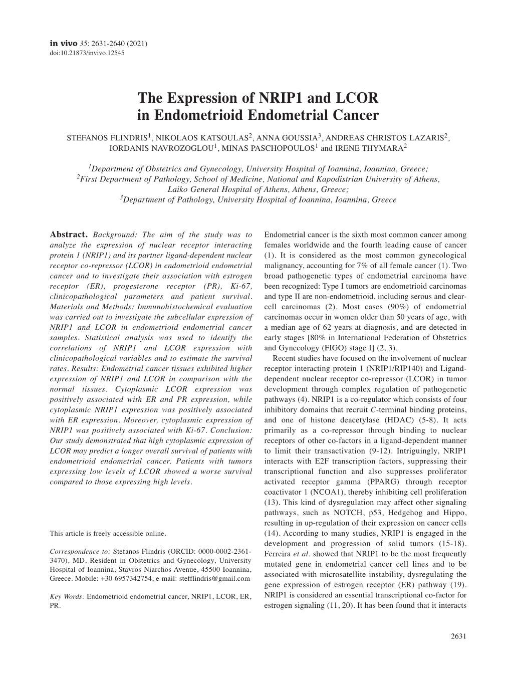 The Expression of NRIP1 and LCOR in Endometrioid Endometrial Cancer