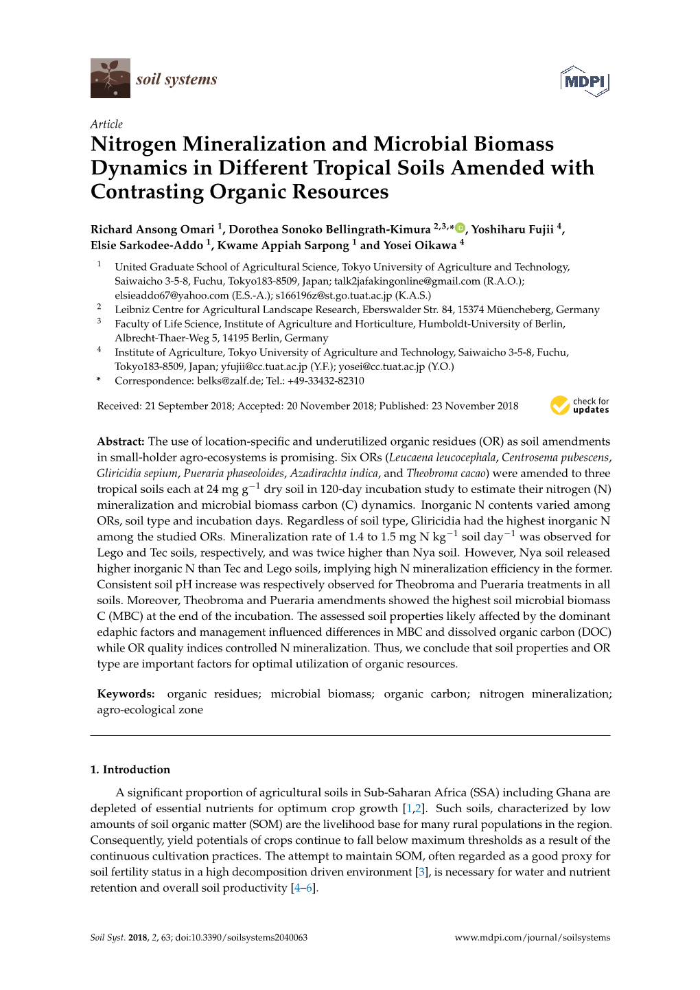 Nitrogen Mineralization and Microbial Biomass Dynamics in Different Tropical Soils Amended with Contrasting Organic Resources