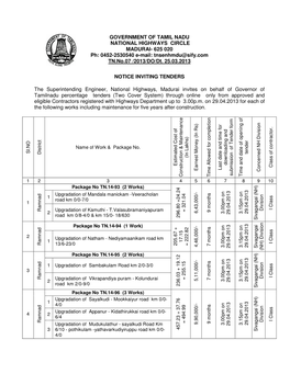 GOVERNMENT of TAMIL NADU NATIONAL HIGHWAYS CIRCLE MADURAI- 625 020 Ph: 0452-2530540 E-Mail: Tnsenhmdu@Sify.Com TN.No.07 /2013/DO/Dt